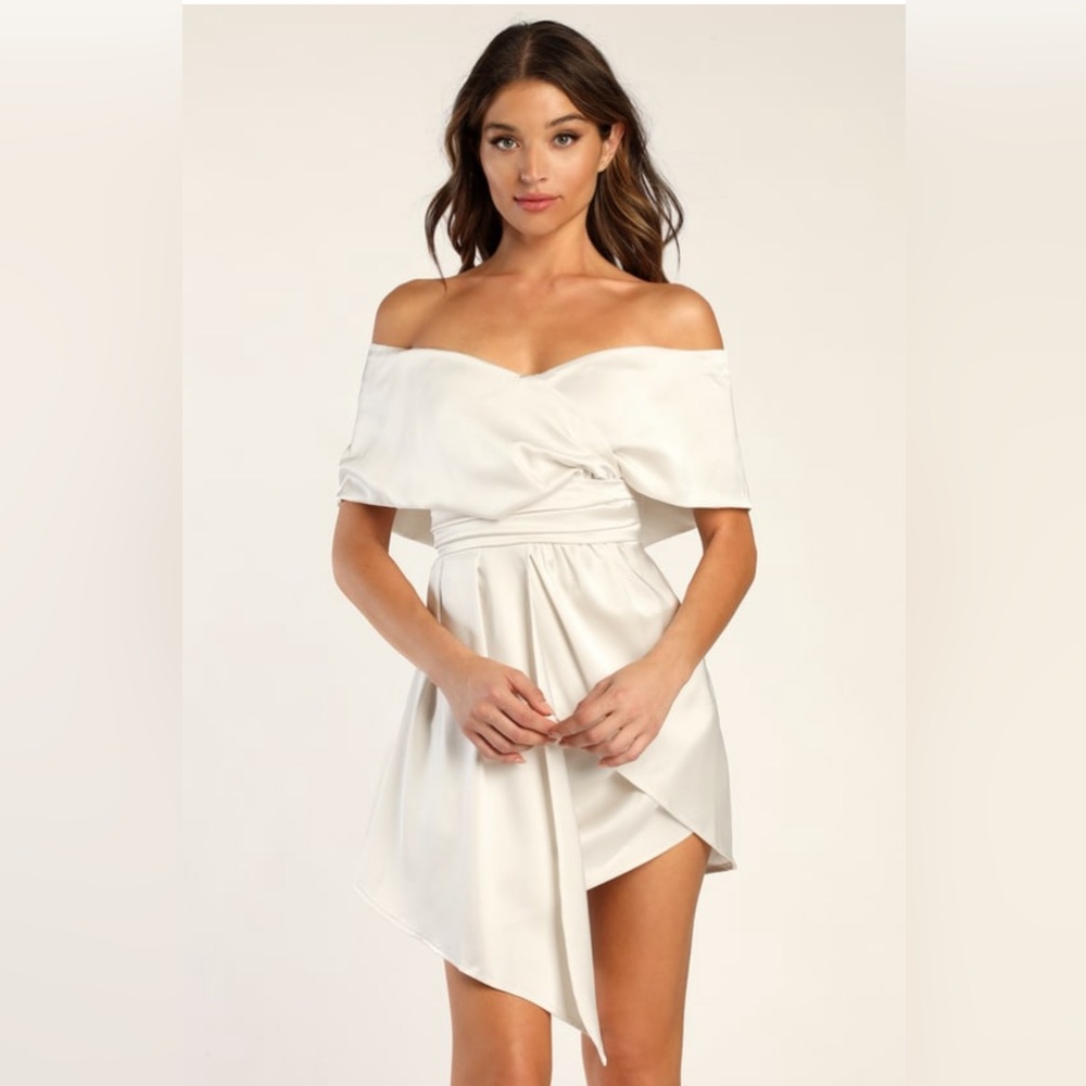 Ivory Satin Off-the-Shoulder Mini Dress